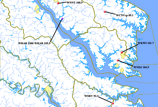 Northern Neck & Middle Peninsula  Transmitters Map