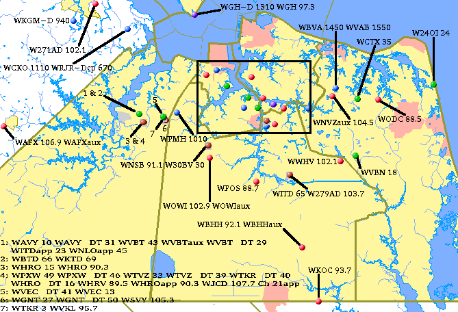 Hampton Roads - Southside  Transmitters Map